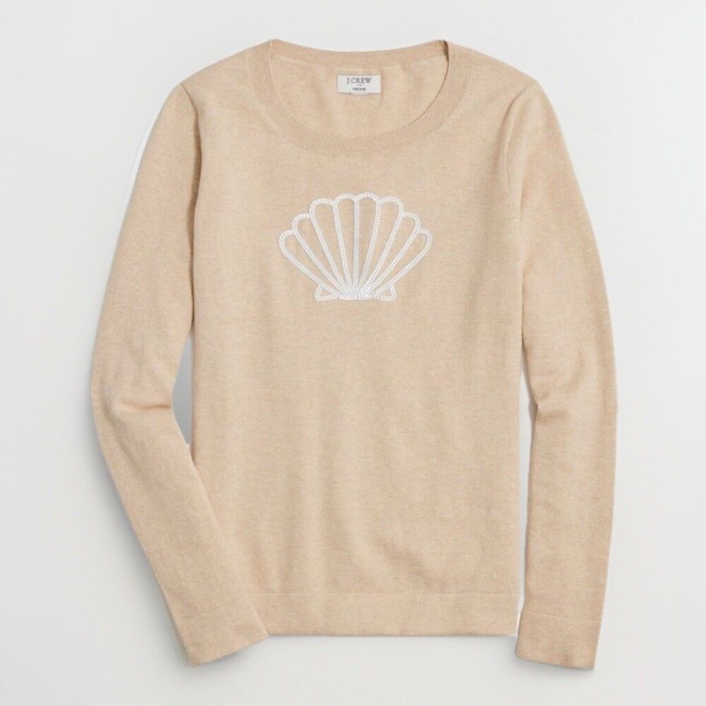 J Crew Womens Teddie Sweater S Beige Sequin Shell Beach Coastal Neutral Cotton